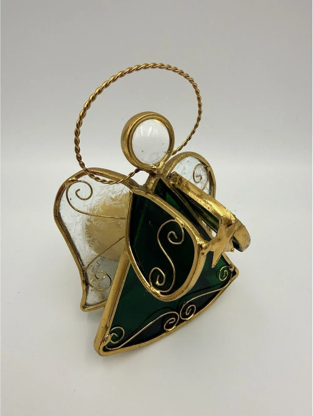 Vintage Stained Glass Green & Gold Tone Metal Angel Tealight Votive Holder 4.5